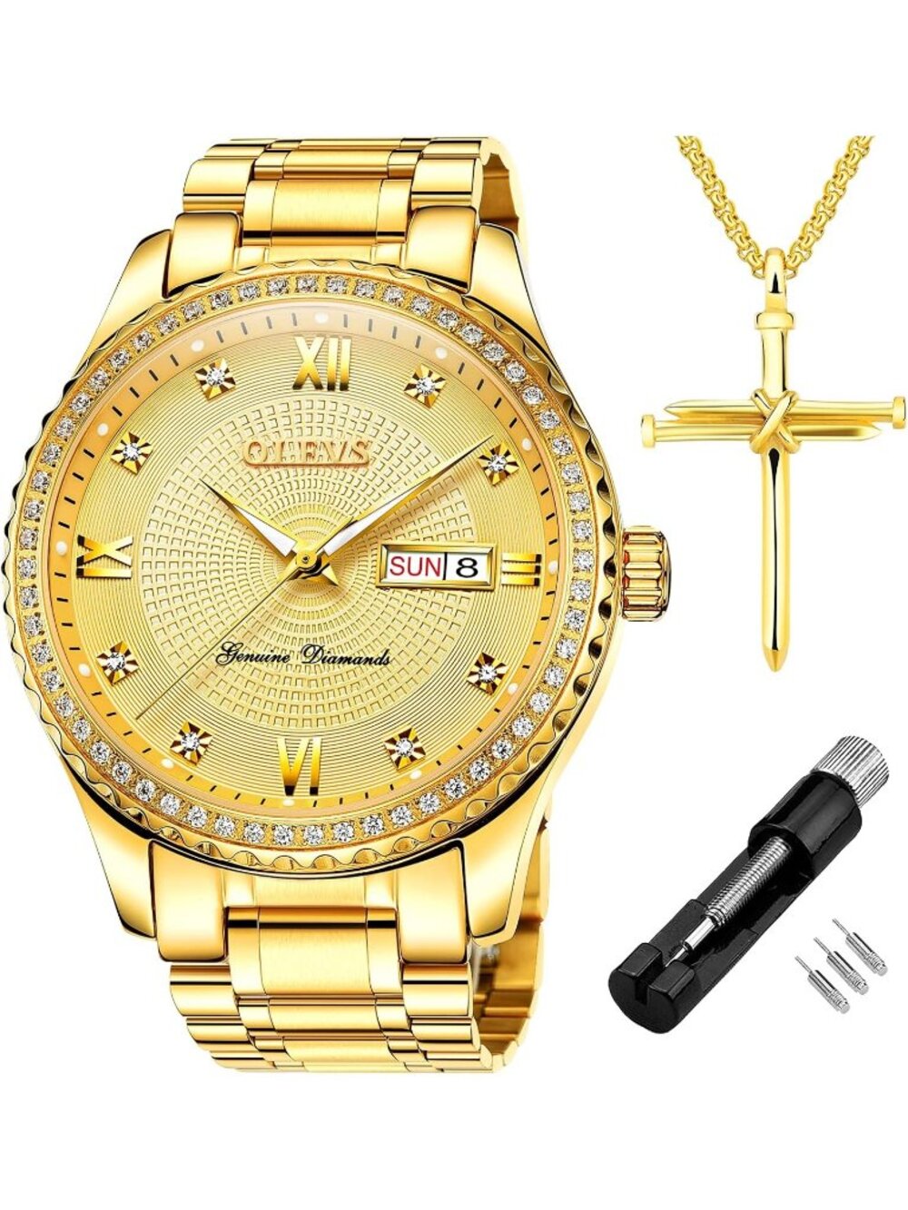 Men's All Gold Diamond Stainless Steel Waterproof Luminous Luxury Analog Watch